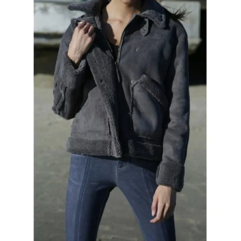 NWOT Anthropologie Marrakech Tina Suede Sherpa Fleece Aviator Jacket, Size XS